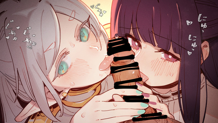 1boy 1girl 2_girls bangs blue_eyes blush censored clothed clothed_female clothing collaborative_fellatio color colored_nails dark-skinned_male dark_skin double_blowjob earrings elf_ears fellatio fellatio fern_(sousou_no_frieren) ffm_threesome frieren gsusart hand_on_penis licking licking_penis light-skinned_female light_skin looking_at_viewer multiple_girls penis pointy_ears pov precum purple_eyes purple_hair sousou_no_frieren sweat teamwork threesome tongue tongue_out white_hair