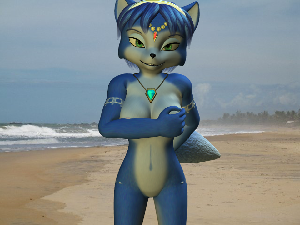 3d attack1942 beach furry krystal looking_at_viewer nude ocean photo_background star_fox tagme