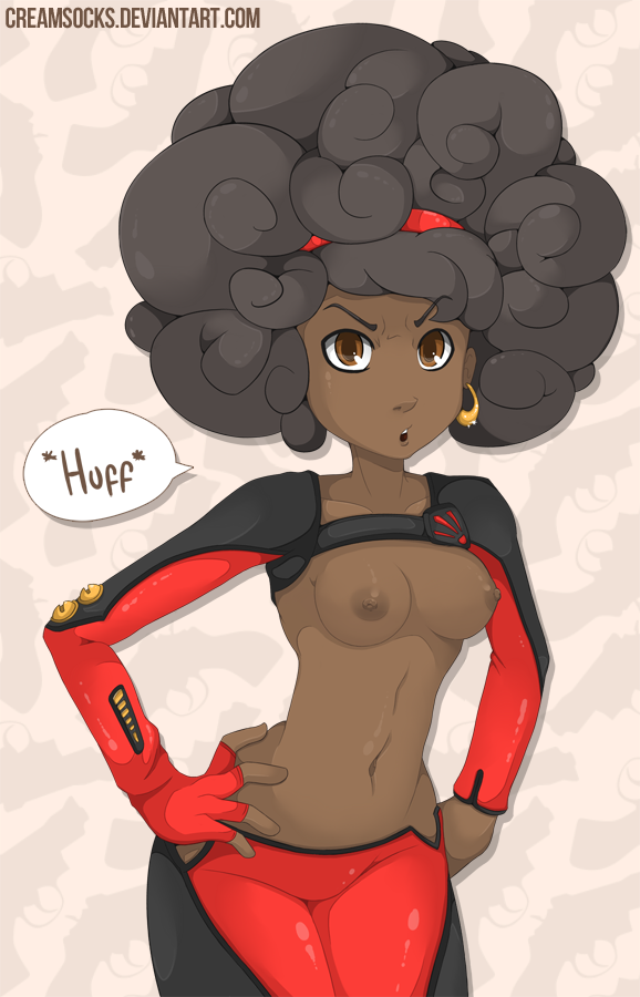 1girl afro breasts dark-skinned_female dark_skin nude outfit pinup