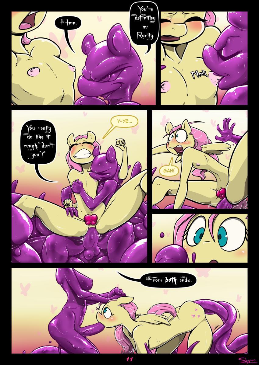 anal anal_penetration anthro blush breasts clenched_teeth closed_eyes comic double_penetration english_text equine erection fellatio female fluttershy friendship_is_magic furry futanari goo grin hair mammal my_little_pony night_mares_iii nipple_suck nipples nude oral pegasus penetration penis purple_penis sex slypon small_breasts sucking teeth testicle text twilight_sparkle wings