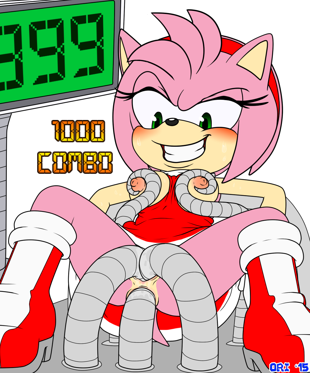 amy_rose anal anal_penetration anthro double_vaginal english_text female furry leaning leaning_back metal_tentacles orichalcum_(artist) penetration smile solo sonic_(series) text vaginal vaginal_penetration