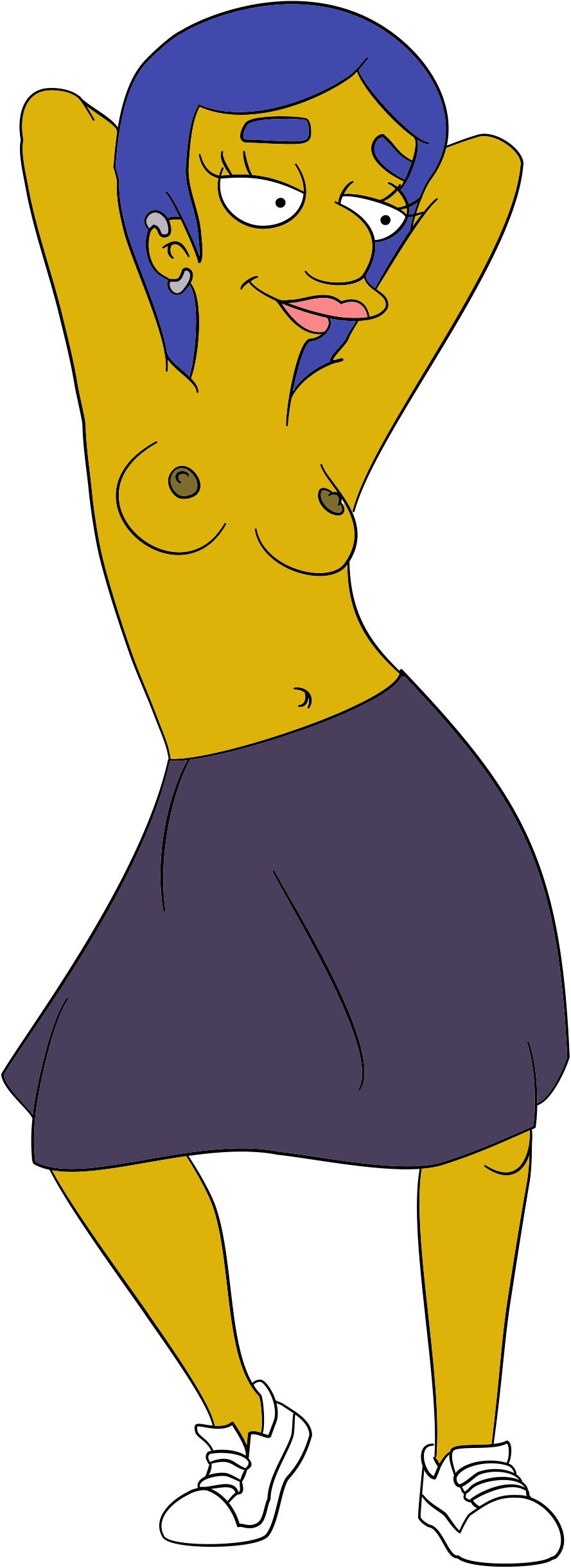 1girl annika_van_houten blue_hair breasts female_only hands_behind_head nipples shoes solo_female the_simpsons topless topless_female white_background yellow_skin
