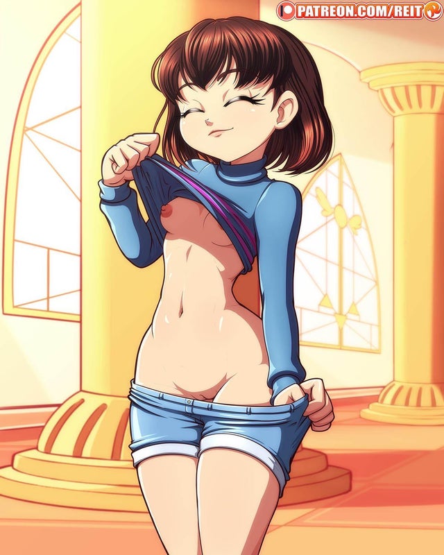 1female 1girl 1human breasts closed_eyes eyelashes female female_frisk female_human female_only frisk frisk_(undertale) hairless_pussy human human_only nipples no_bra no_panties one_breast_out pants_down pussy reit shirt_lift shirt_up small_breasts smile smiling solo solo_female solo_human standing undertale undertale_(series) video_games