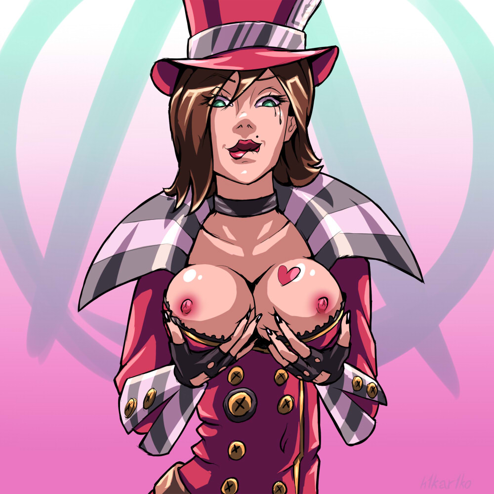 big_breasts borderlands borderlands_2 breasts breasts_out_of_clothes clothed green_eyes hair mad_moxxi nipples top_hat