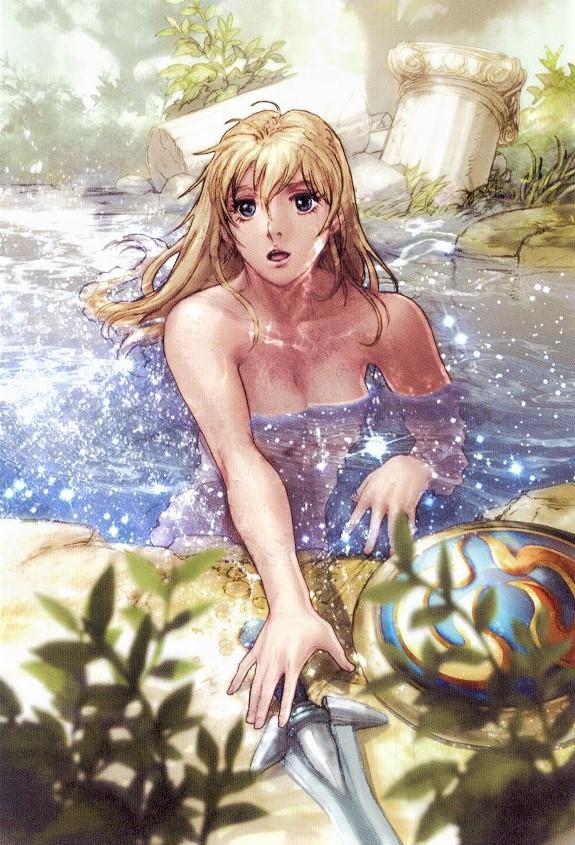 1girl alluring arms big_breasts blonde_hair blue_eyes breasts clothes_removed collarbone completely_nude_female day embarrassed eyelashes female_focus fingernails fingers hair_between_eyes hands hands_up holding holding_sword holding_weapon lake long_hair looking_away milf nature neck nude official_art open_mouth outside outstretched_arm outstretched_hand partially_submerged pillar plant project_soul ruins shield shoulders skinny_dipping sophitia_alexandra soul_calibur soul_calibur_ii soul_calibur_iii soul_calibur_vi surprised swimming sword water weapon wet wet_hair