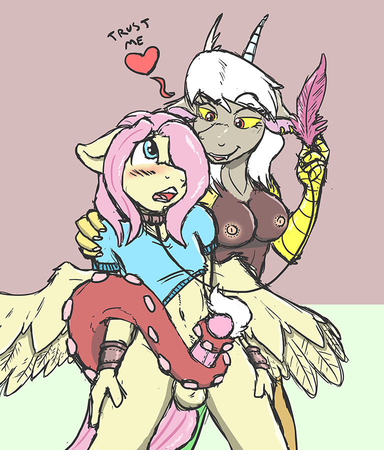 2014 anthro areola blush bottomless breasts caroo clothed clothing collar discord_(mlp) draconequus equine erection eris_(mlp) fangs feather female fluttershy fluttershy_(mlp) friendship_is_magic furry genderswap half-dressed heart leash male mammal my_little_pony nipples nude pegasus penis piercing red_eyes shackles tailjob testicles wings