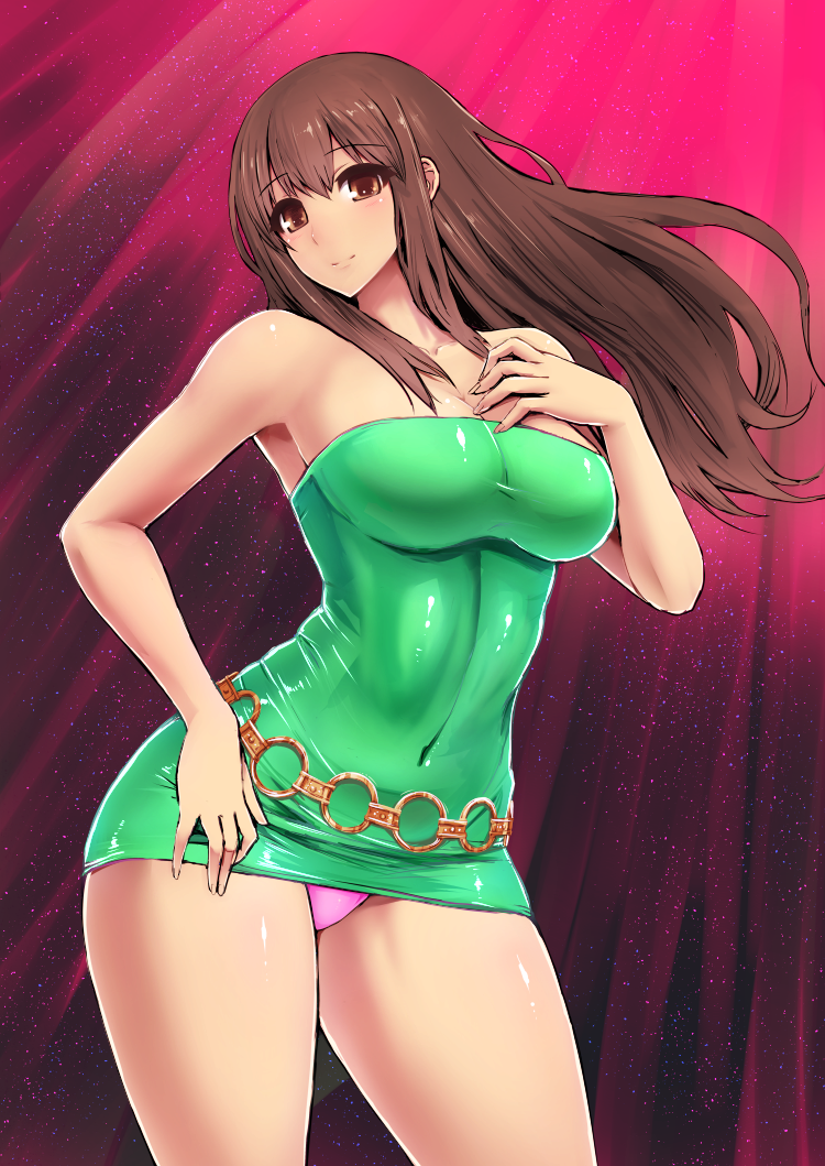 1_girl 1girl akagi_(kantai_collection) alternate_costume bare_shoulders blush breasts brown_eyes brown_hair cleavage covered_navel dress female hand_on_hip hand_on_own_chest ishimiso_(ishimura) ishimura_(ishimura-ya) kantai_collection large_breasts long_hair looking_at_viewer panties pink_panties short_dress smile solo standing strapless_dress thighs underwear
