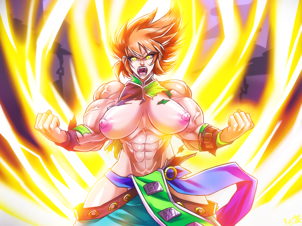 abs big_breasts breasts clothes_rip glowing muscle screaming super_sayain turtlechan