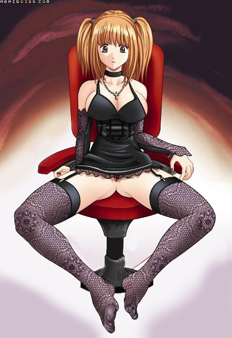 blonde chair clothed corset death_note female lingerie misa_amane necklace no_panties sitting spread_legs stockings upskirt
