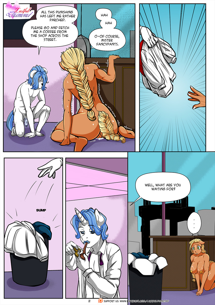00284_(character) 1girl after_sex all_fours anthro big_breasts bodily_fluids breasts comic cum desk dialogue dressing english_text equid equine fancypants_(mlp) friendship_is_magic furniture furry genital_fluids genitals hasbro high_res horn lustful_diamond_(mlp_comic) male mammal my_little_pony pia-sama pussy text trash_can unicorn