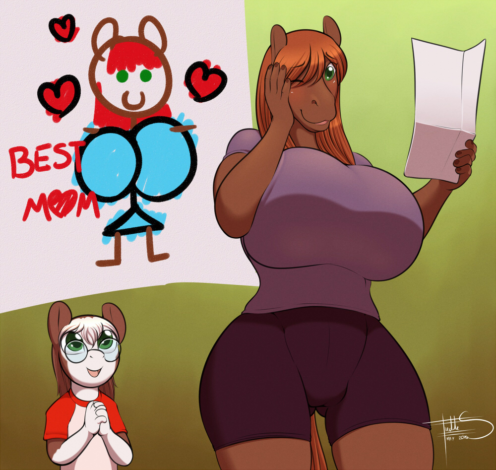 age_difference anthro big_breasts breasts clothed clothing cub drawing duo english_text equine eyewear female freckles_(artist) glasses hair horse huge_breasts larger_female male male/female mammal milf older_female open_mouth parent size_difference smaller_male smile son text young younger_male