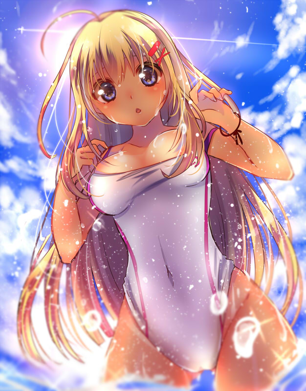 1girl areola_slip areolae blonde_hair blue_eyes blush breasts breasts_outside competition_swimsuit covered_navel hair_ornament lens_flare long_hair looking_at_viewer mitsuhachi8 one-piece_swimsuit open_mouth original solo splashing swimsuit tan wardrobe_malfunction