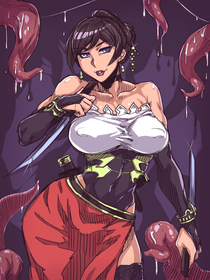 1girl black_beat black_hair blue_eyes breasts bridal_gauntlets choker dagger elbow_gloves eyeshadow female gloves jewelry large_breasts leotard lipstick looking_at_viewer makeup mole mole_under_eye original parted_lips side_slit skirt smile solo standing strapless sword tentacle thighhighs weapon