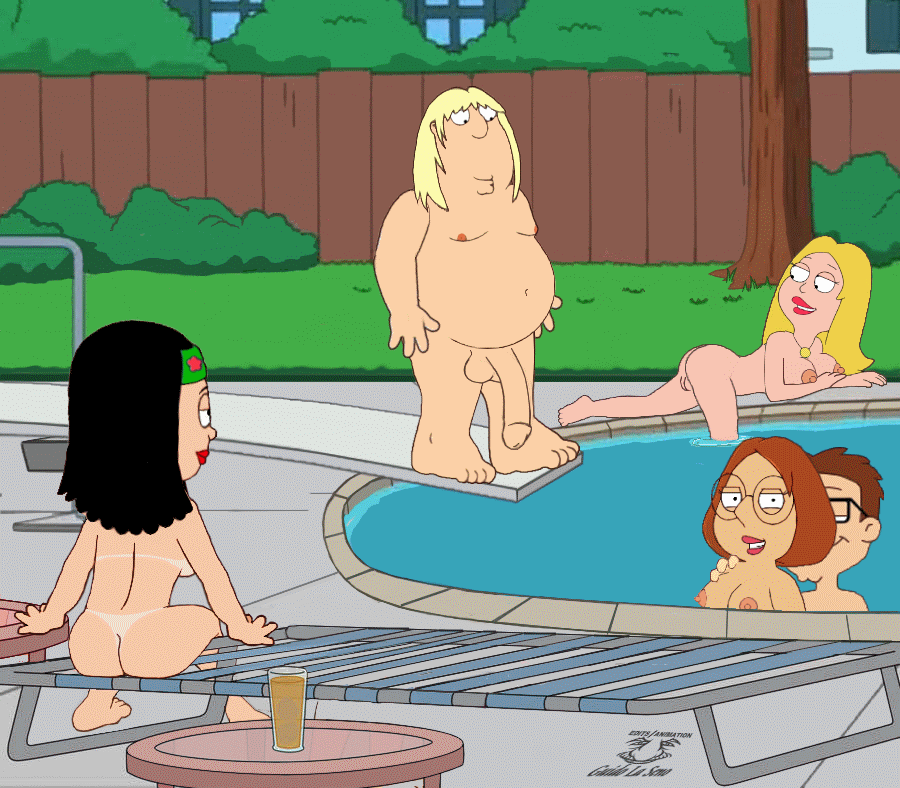 american_dad bouncing chris_griffin crossover family_guy francine_smith funny gif hayley_smith meg_griffin outside pool steve_smith water