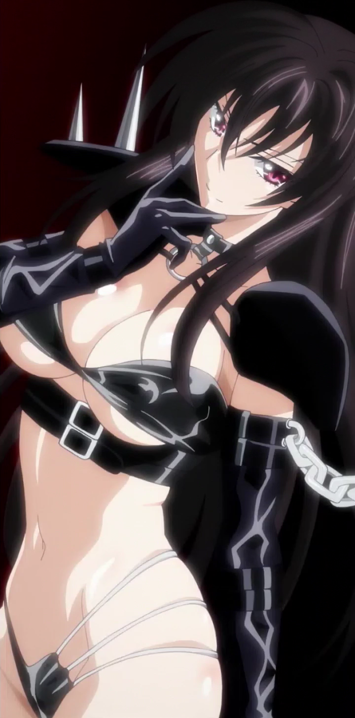 1girl big_breasts black_hair black_wings breasts dominatrix female high_school_dxd large_breasts long_hair micro_bikini purple_eyes raynare smile solo standing stitched wings
