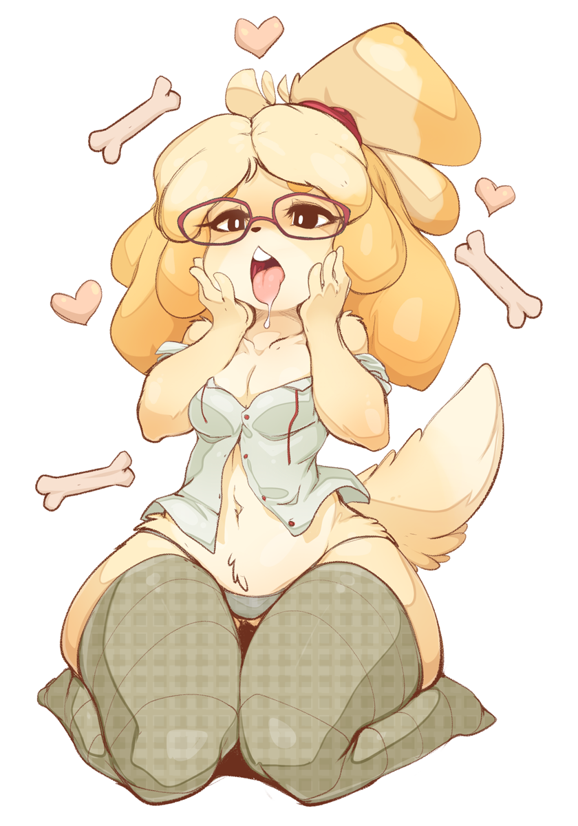 1girl animal_crossing animal_crossing_new_leaf animal_ears bare_shoulders belly bespectacled blonde_hair bone breasts canid canine canine_humanoid chubby cleavage clothed clothing dog dog_ears dog_tail doubutsu_no_mori drooling eyewear full_body furry glasses hair hair_tie hands_on_face hands_on_own_face heart highres isabelle_(animal_crossing) jingle_bell kneel kneeling legwear mammal midriff navel nintendo off_shoulder open_shirt panties plump ponytail purple-framed_glasses saliva secretary seiza shih_tzu shirt shizue_(doubutsu_no_mori) simple_background sitting slightly_chubby slugbox small_breasts solo stockings tail thick_ass thick_legs thick_thighs thigh_gap thighs tongue tongue_out topknot unbuttoned underwear undone video_games wide_hips yellow_fur