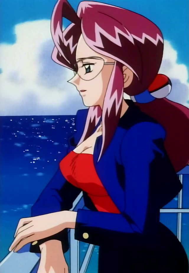 1girl anime arm_support big_breasts blue_eyes breasts cleavage cloud elite_four female glasses hair_ornament jacket kanna_(pokemon) large_breasts long_hair lorelei nintendo ocean open_mouth poke_ball_hair_ornament pokemon pokemon_(anime) ponytail purple_hair screencap shiny shiny_hair sky solo stitched strapless water