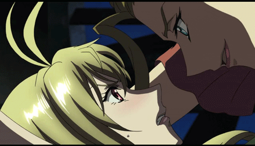 2girls ahoge angelise_ikaruga_misurugi animated animated_gif blonde_hair blue_eyes blush clenched_teeth closed_eyes cross_ange earrings eye_contact gif girl_on_top hair half-closed_eyes jewelry kiss kissing licking lips long_hair looking_at_another lying moaning multiple_girls naughty_face neck on_back open_mouth red_eyes resisting smile sunrise_(company) sweat sweating talking teeth tongue upper_body yuri zola_(cross_ange)