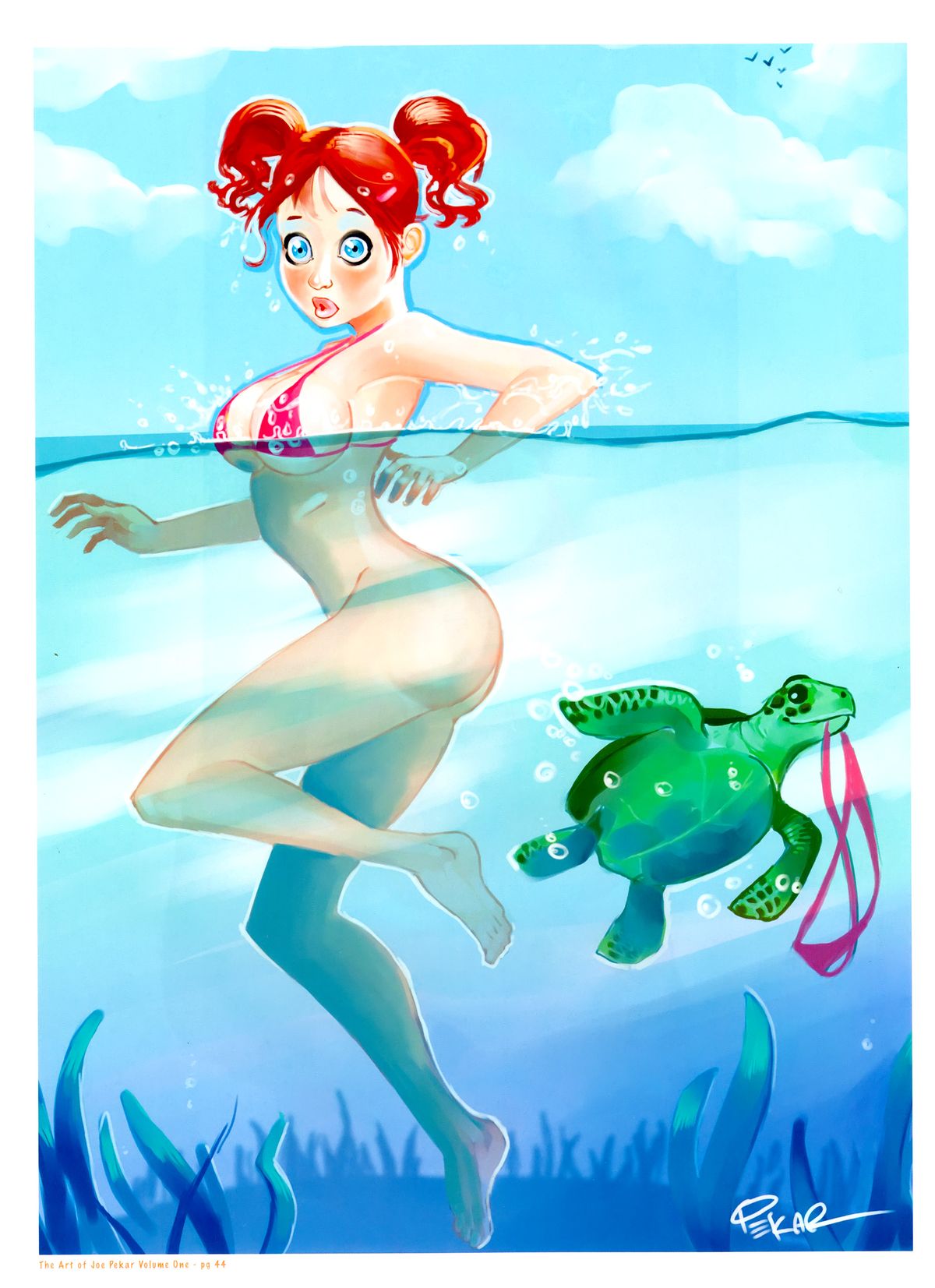 ass bikini blue_eyes bottomless breasts cleavage embarrassing funny ocean red_hair sea_turtle smile turtle twin_tails wet