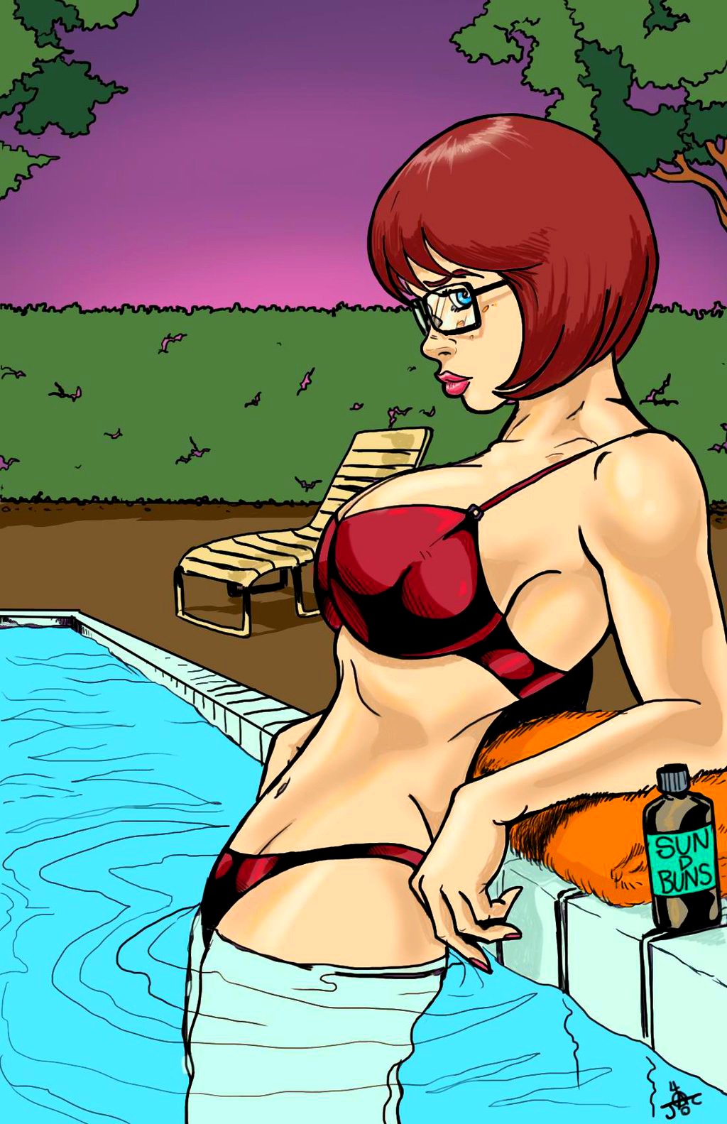 1girl ass big_breasts bikini blue_eyes breasts brown_hair female female_only freckles glasses jac400 lips lipstick looking_at_viewer navel scooby-doo short_hair solo velma_dinkley