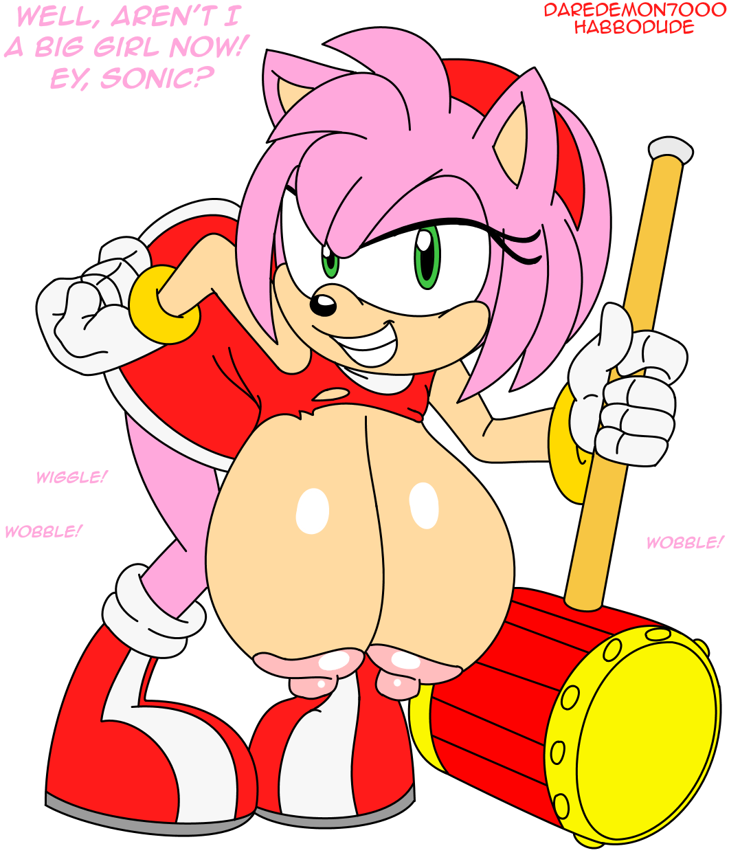 1girl amy_rose big_breasts big_nipples breast_expansion breasts clothes daredemon7000 erect_nipples gift grin habbodude hammer happy hedgehog looking_at_viewer nipples sega sonic text