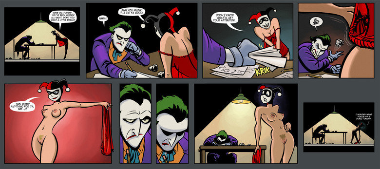 blonde breasts comic dc_comics english_text erect_nipples harley_quinn nipples nude pubic_hair pussy source_request speech_bubble spoken_squiggle squiggle strip teeth text the_joker woman