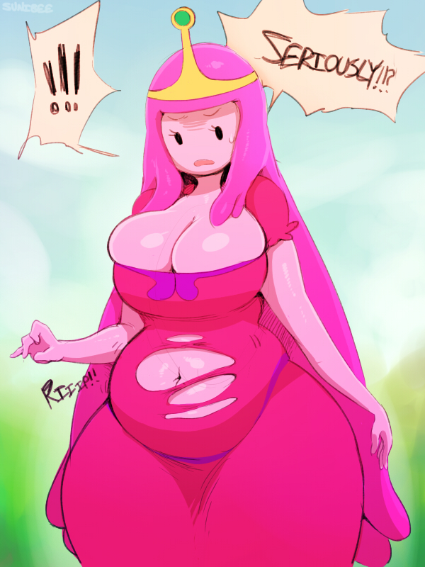 !!! 1girl 2015 adventure_time belly big_breasts black_eyes breasts cartoon_network cleavage clothed clothes clothing eyebrows eyelashes female female_only hair hips humanoid humanoid_hands pink_hair pink_skin princess_bubblegum slightly_chubby slut squishy sunibee text thick_thighs torn_clothes very_long_hair wide_hips