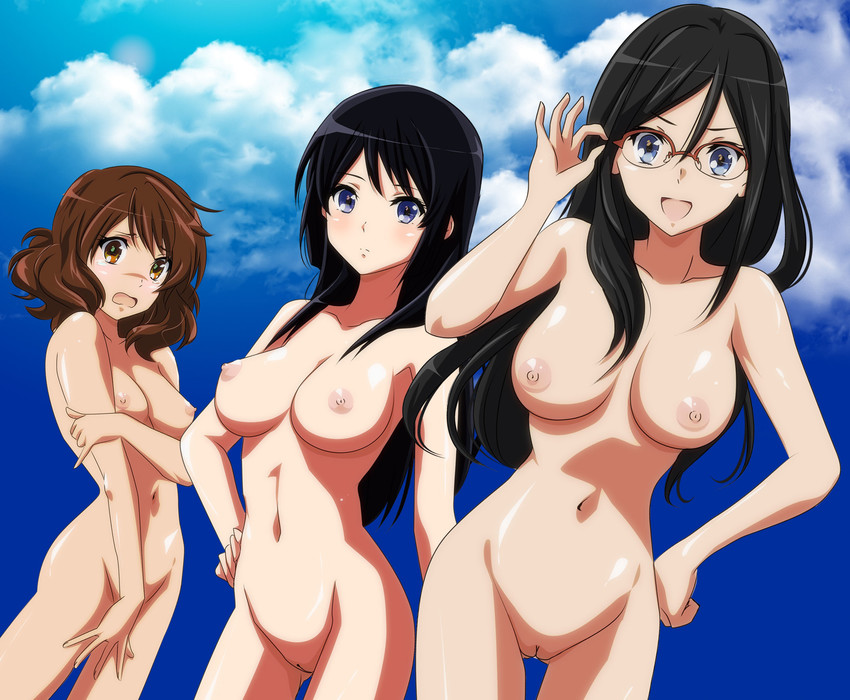3_girls 3girls adjusting_glasses big_breasts black_hair blue_eyes blush breasts brown_eyes brown_hair cleavage embarrassed friends gentoku glasses hand_on_hip hibike!_euphonium high_res kousaka_reina long_hair looking_at_viewer multiple_girls navel nipples nude open_mouth oumae_kumiko over-rim_glasses purple_eyes pussy red-framed_glasses semi-rimless_glasses serious short_hair shy smile tanaka_asuka uncensored
