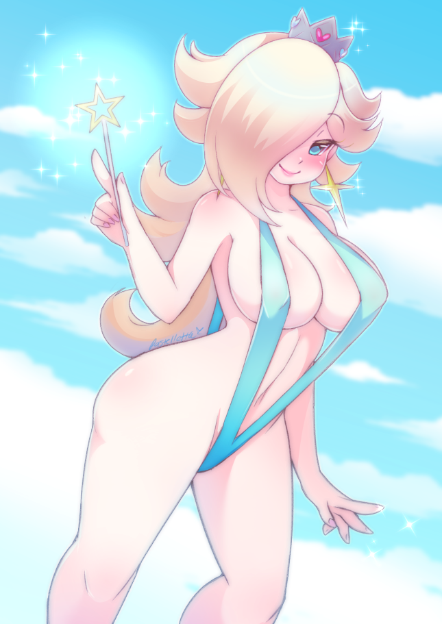 1_girl armpit bare_shoulders blonde_hair blue_eyes breasts cleavage collarbone crown earrings hair_over_one_eye jewelry large_breasts long_hair navel nintendo one_eye_covered pastelletta_(artist) princess_rosalina signature simple_background sling_bikini smile solo sparkle super_mario_bros. super_mario_galaxy swimsuit very_long_hair wand