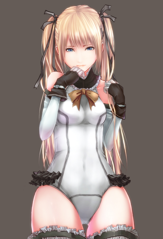 1girl black_ribbon blonde_hair blue_eyes bow bowtie covered_navel dead_or_alive dead_or_alive_5 detached_sleeves fingerless_gloves frills gloves grey_background hair_bow hair_ribbon leotard long_hair long_sleeves looking_at_viewer marie_rose nana_(7eo) ribbon simple_background solo thighhighs twintails upper_body
