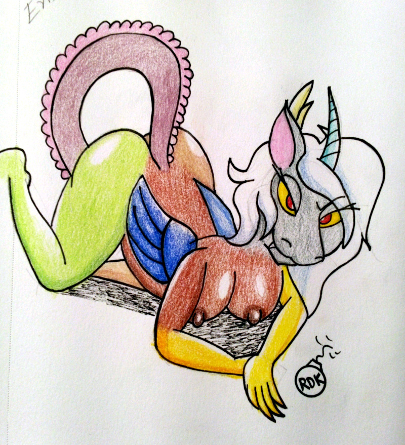 1girl anthro anthrofied ass breasts crouching discord_(mlp) draconequus eris fangs genderswap horns looking_at_viewer my_little_pony rdk