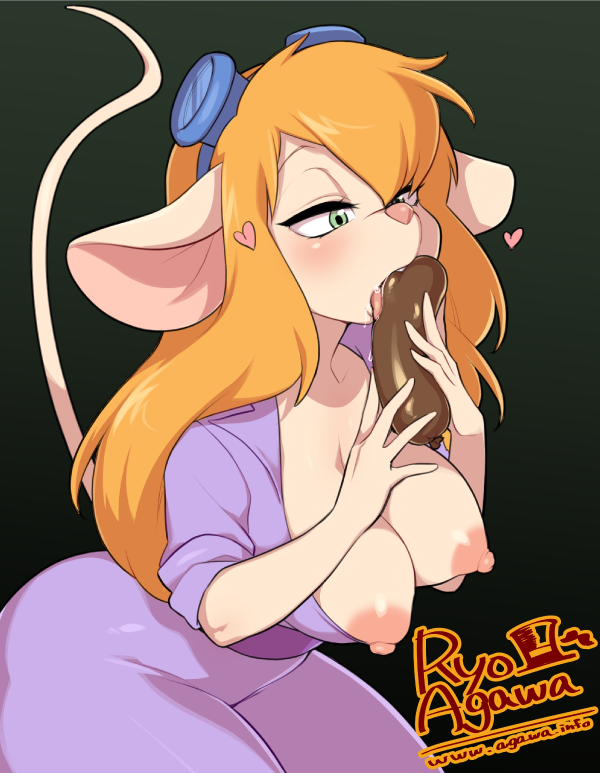 big_breasts breasts chip_'n_dale_rescue_rangers clothing disney eyewear furry gadget_hackwrench goggles gradient_background hair long_hair mammal mouse nipples orange_hair rodent ryo_agawa tongue
