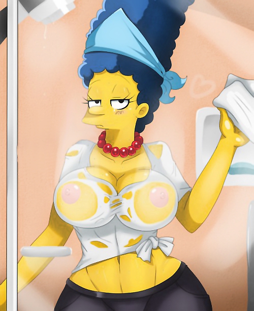 1_female 1girl abs big_breasts blue_hair breasts cleaning female female_human female_only hair heart hips human human_only long_hair looking_at_viewer marge_simpson navel nipples see-through see-through_clothes see-through_top solo standing the_simpsons yellow_skin