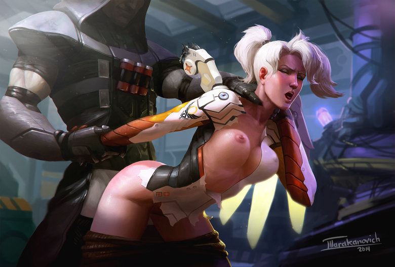1girl 2014 blonde_hair breasts choking doggy_position hair hood mercy_(overwatch) nipples overwatch reaper_(overwatch) rough_sex sex tarakanovich torn_clothes white_hair