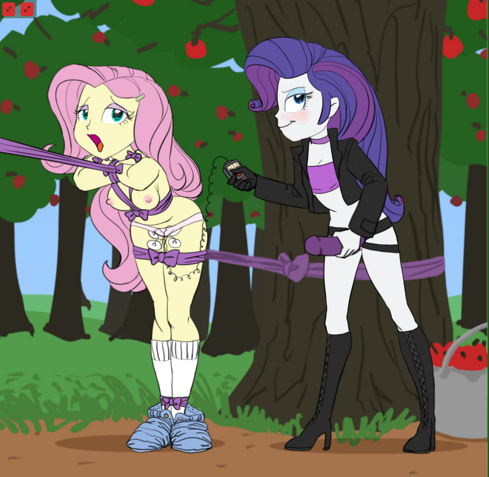 2girls blue_eyes bondage boots breasts carnifex female female_only fluttershy friendship_is_magic high_heel_boots high_heels humanized mostly_nude my_little_pony outdoor outside rarity standing strap-on tied vibrator yuri