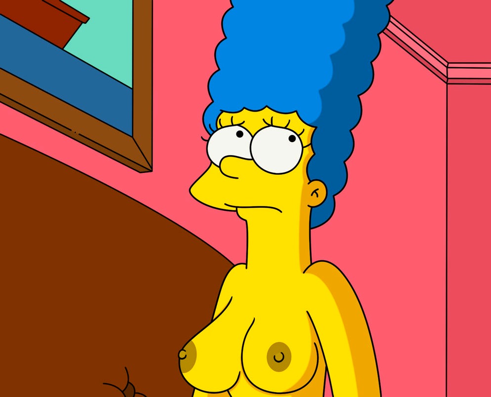 areolae big_breasts blue_hair breasts frown hair marge_simpson milf nipples the_simpsons yellow_skin