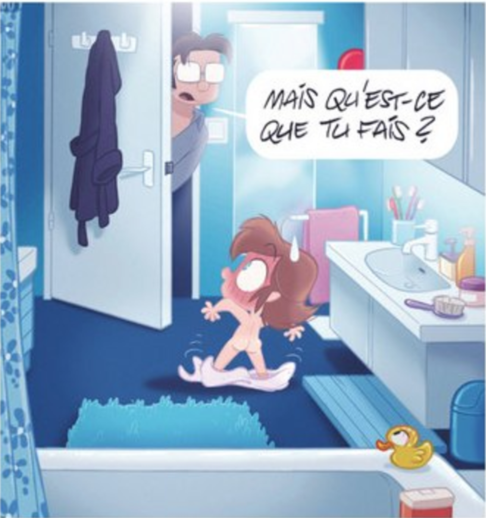 2boys bathroom bichon blue_eyes brown_hair embarrassing french glasses hair multiple_boys nude rubber_duck shiny shiny_skin short_hair surprise sweat_drop towel