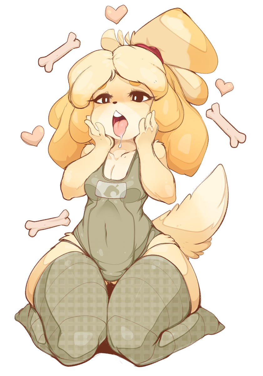 1girl animal_crossing animal_crossing_new_leaf animal_ears blonde_hair bone breasts canid canine canine_humanoid cleavage clothed clothing dog dog_ears dog_tail doubutsu_no_mori drooling full_body furry hair hair_tie hands_on_face hands_on_own_face heart highres isabelle_(animal_crossing) jingle_bell kneel kneeling legwear leotard mammal navel nintendo one-piece_swimsuit ponytail saliva school_swimsuit secretary seiza shih_tzu shirt shizue_(doubutsu_no_mori) short_hair simple_background sitting slugbox small_breasts solo stockings striped striped_legwear swimsuit tail thick_ass thick_legs thick_thighs thigh_gap thighs tongue tongue_out video_games wide_hips yellow_fur