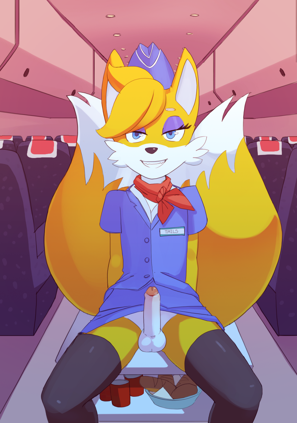 aircraft airplane anthro canine clothed clothing crossdressing erection eyelashes eyeshadow flight_attendant fox fridge_(artist) front_view furry girly grin highres humanoid_penis inside legwear looking_at_viewer makeup male mammal miles_"tails"_prower no_panties partially_retracted_foreskin penis sitting solo sonic_(series) testicles thigh_highs uncut video_games