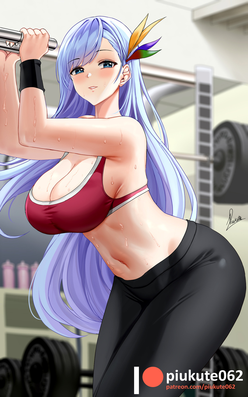 1girl azur_lane bangs big_breasts blue_eyes blue_hair blush breasts cleavage eyebrows_visible_through_hair female_only gym gym_pants hair_ornament highres huge_breasts leggings long_hair looking_at_viewer navel pants piukute062 sideboob silver_hair solo solo_female sports_bra stomach sweat swept_bangs thighs ticonderoga_(azur_lane) tight tight_pants wristband