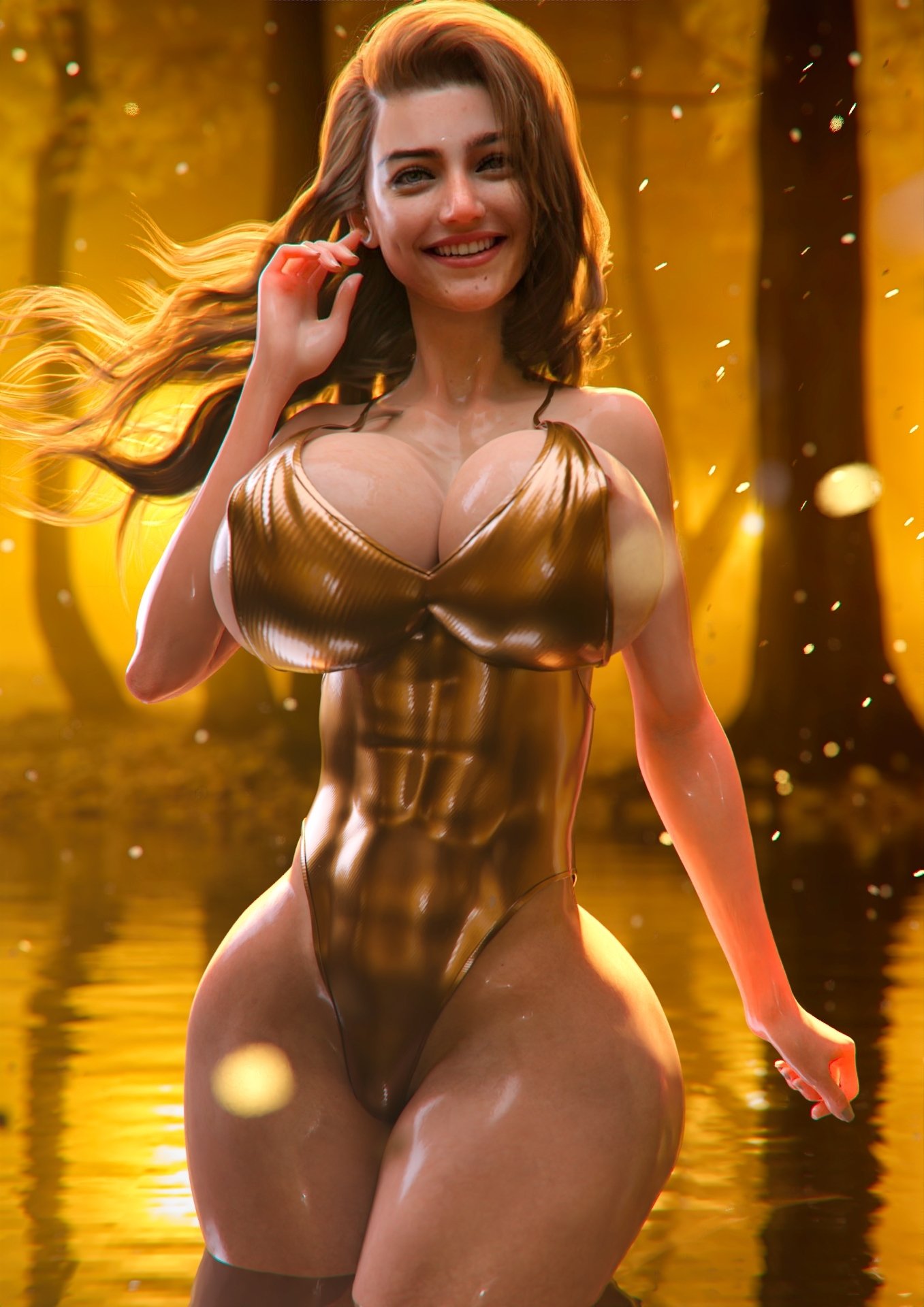 3d abs big_breasts brown_hair gold long_hair looking_at_viewer nipple_bulge smile solo_female thick_thighs wide_hips