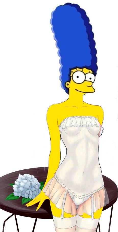 breasts marge_simpson panties stockings table the_simpsons white_background yellow_skin