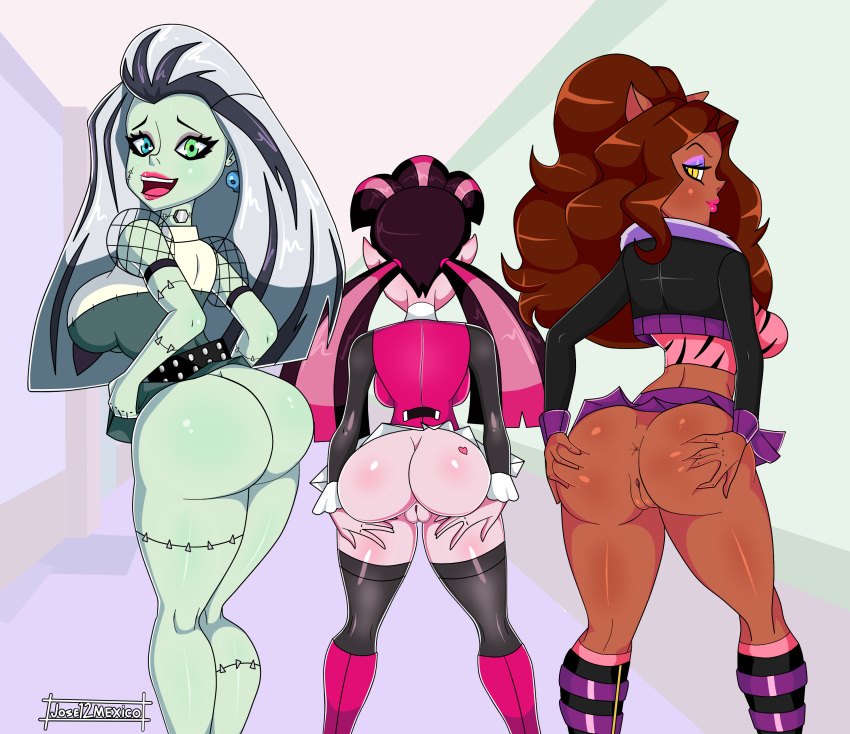 1girl 3_girls alternate_breast_size alternate_costume alternate_hairstyle anus ass ass_focus ass_up asses_row big_ass big_breasts black_hair boots bottomless brown_hair butt_focus chubby chubby_female clawdeen_wolf curly_hair curvy dark-skinned_female dark_skin draculaura female_only flashing flashing_pussy frankenstein frankenstein's_monster frankie_stein fringe goth goth_girl gothic gothic_lolita high_heel_boots high_heels high_res high_resolution hips innie_pussy jose12mexico lips lipstick miniskirt monster_girl monster_high mooning multicolored_hair multiple_girls naughty_face naughty_smile no_bra no_panties petite pink_hair pink_skin plump_ass plump_lips plump_vulva presenting public public_nudity pussy simple_background size_difference skirt skirt_up stockings thick_thighs twin_tails upskirt vampire vampire_bat werewolf white_hair wolf wolf_ears wolf_girl
