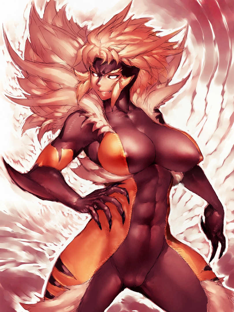 1girl abs big_breasts bodysuit breasts cameltoe claws erect_nipples fang fangs female fumio_(rsqkr) genderswap long_hair marvel mutant mutant_(marvel) orange_hair sabretooth short_hair smile solo toned white_eyes x-men