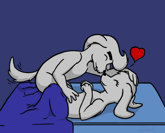 1_girl 1boy 1boy1girl 1girl 2010s 2016 anthro anthro_only blanket blue_background canid canine canis canon_couple commission commission_art couple dashraptor dog dog_boy dog_girl dogamy dogaressa domestic_dog female female_anthro furry furry_female furry_male furry_only hand_on_another's_head hand_on_another's_stomach hand_on_belly hand_on_head heart intimate kissing male male/female male_anthro nude petting petting_head straight tail tailwag undertale undertale_(series) wagging_tail white_body white_fur wholesome