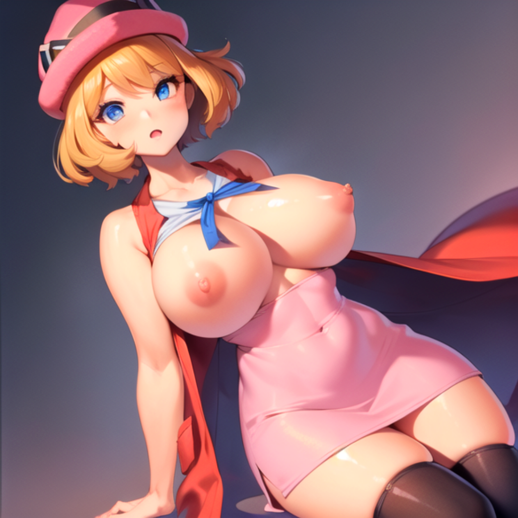 1girl ai_generated big_breasts blonde_hair blue_eyes creatures_(company) female_focus game_freak hat nintendo nipples pokemon_(anime) serena_(pokemon) short_hair simple_background stable_diffusion