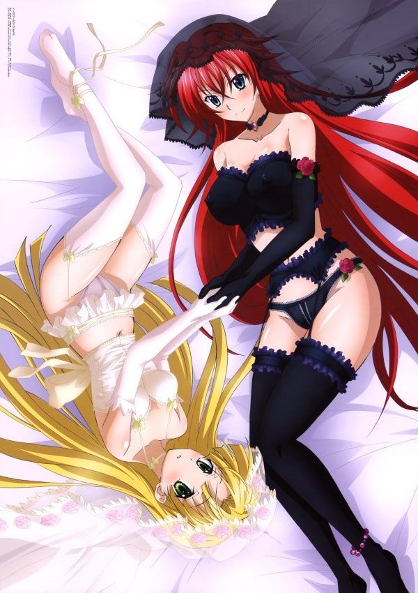 2girls absurd_res absurdres asia_argento bare_shoulders bed big_breasts black_gloves black_legwear black_thighhighs blonde_hair blue_eyes blush breasts choker elbow_gloves erect_nipples female friends from_above garter_belt garter_straps garters gloves green_eyes hair hand_holding high_res high_school_dxd highres large_breasts legs lying megami midriff multiple_girls navel necklace nyantype official_art on_side panties red_hair rias_gremory ribbon see-through shiny shiny_hair shiny_skin shy smile strapless underwear upside-down veil very_long_hair white_gloves white_legwear white_thighhighs