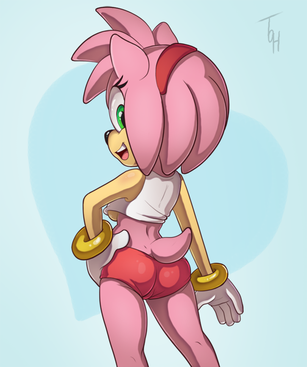 1girl 2014 amy_rose anthro ass black_nose boy_shorts breasts cameltoe clothed clothing fur furry green_eyes hair headband hedgehog looking_back mammal open_mouth pink_fur pink_hair seductive sega shirt skimpy smile sonic sonic_(series) sonic_the_hedgehog_(series) teasing teeth the_other_half tongue underboob underwear