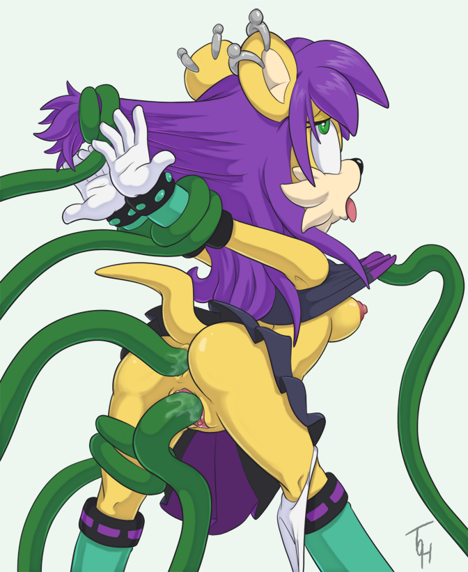 1girl anal anal_penetration anthro anus archie_comics ass black_nose bondage boots breasts clothing erect_nipples eyelashes footwear fur furry gloves green_eyes hair mina_mongoose nipples panties penetration piercing plain_background pulling_hair purple_hair pussy restrained sega shirt shirt_lift skirt sonic_(series) sonic_the_hedgehog_(series) tentacle tentacle_sex the_other_half tongue underwear vaginal vaginal_penetration white_background yellow_fur