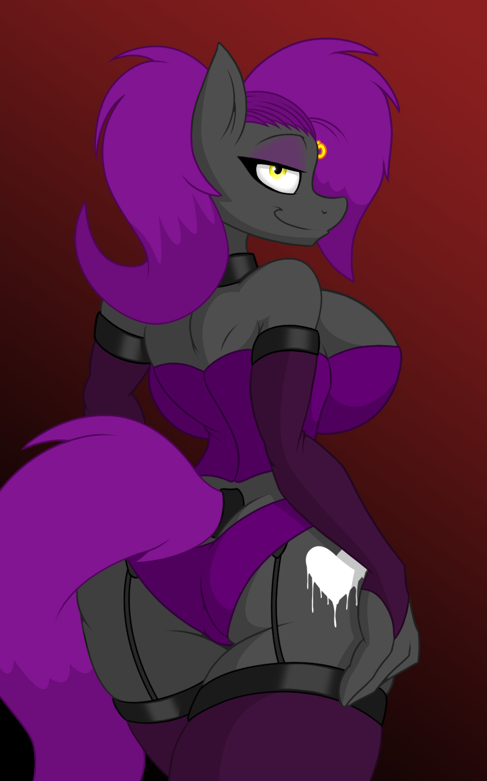 1girl 2015 ass breasts cleavage clothed clothing collar corset cutie_mark elbow_gloves equine eyeshadow fan_character gloves gold hair horse jrvanesbroek legwear looking_at_viewer looking_back makeup mammal my_little_pony panties pony portrait purple_hair standing stockings underwear yellow_eyes